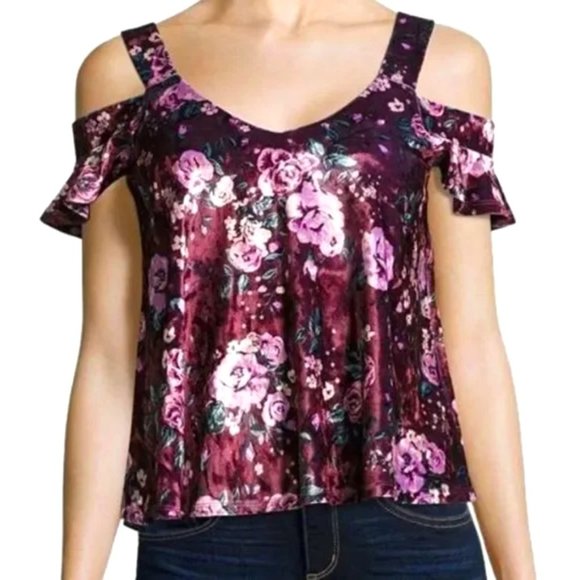 Self Esteem Tops - 🌼 Self Esteem Burgundy Floral Velvet Ruffle Sleeve Top 1X